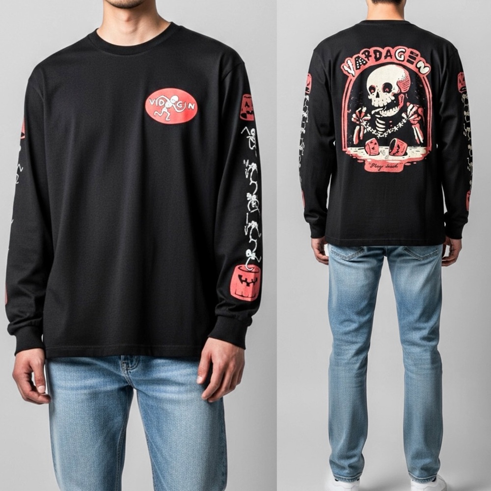 Vardagen Halloween Long Sleeve Tee Crew Neck M Black Cotton Skull Made In USA